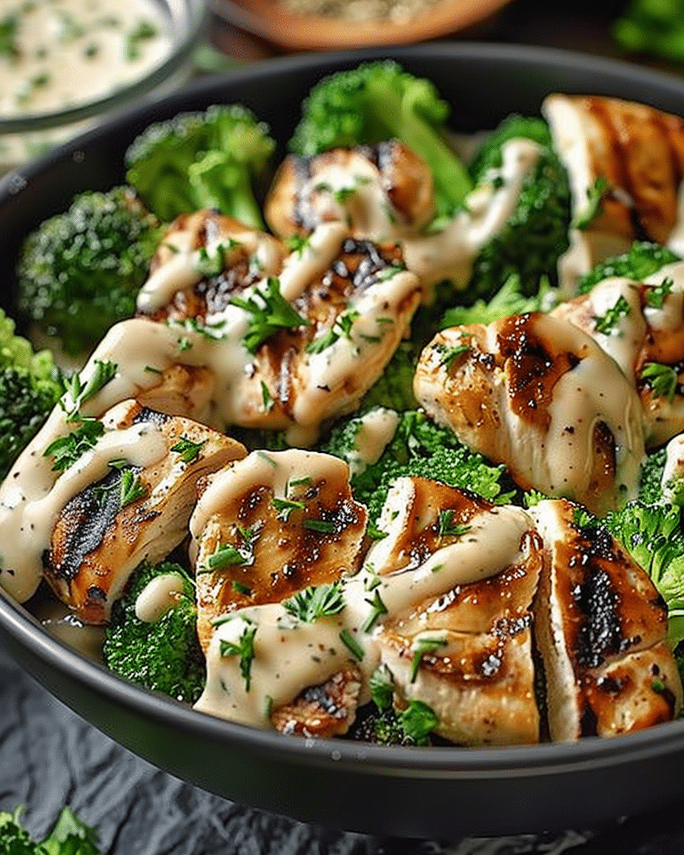 Grilled Chicken & Broccoli Bowls with Creamy Garlic Sauce