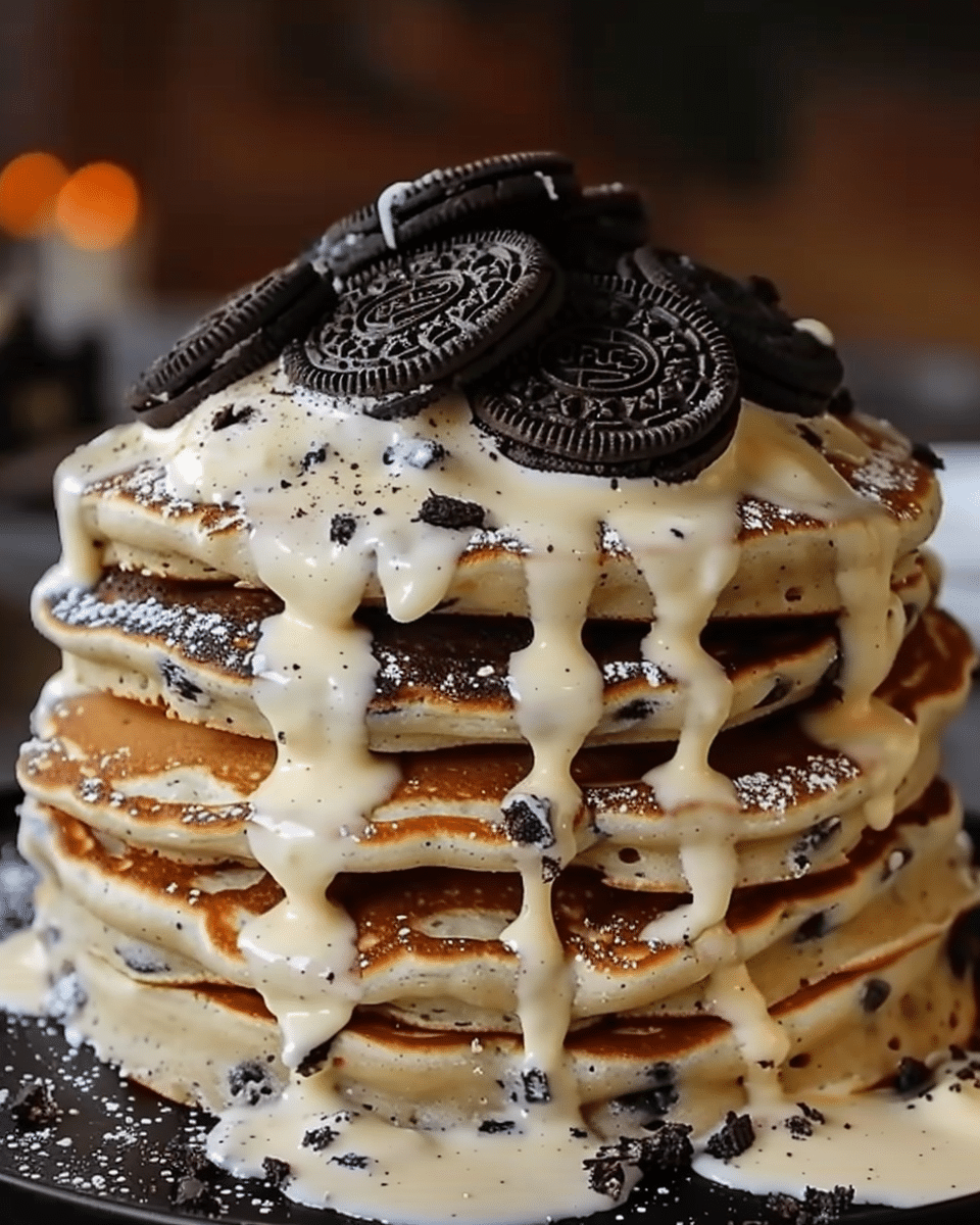 Oreo Pancakes with Cream Cheese Drizzle