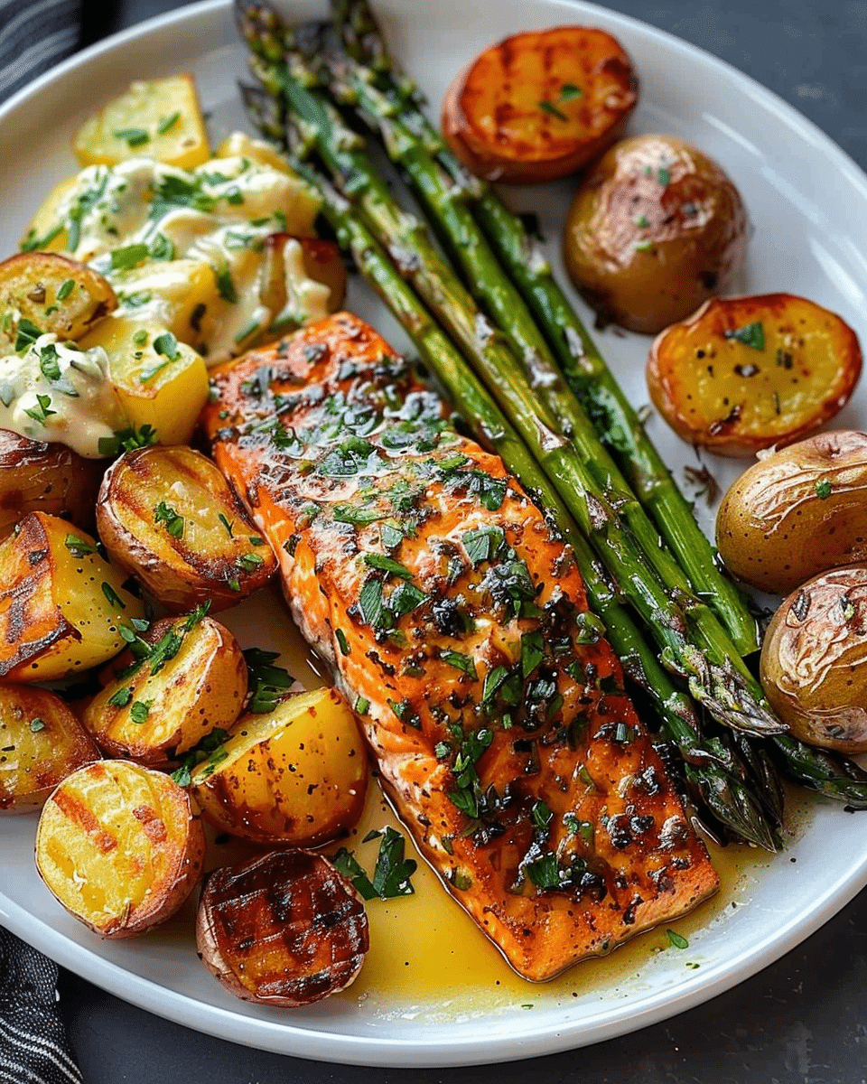Mouthwatering Garlic Butter Salmon with Roasted Potatoes & Cheesy Asparagus