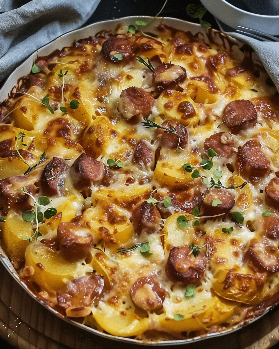 Pommes de Terre Croustillantes, Saucisse Fumée et Fromage Fondant