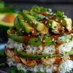 Teriyaki Chicken Avocado Rice Stack