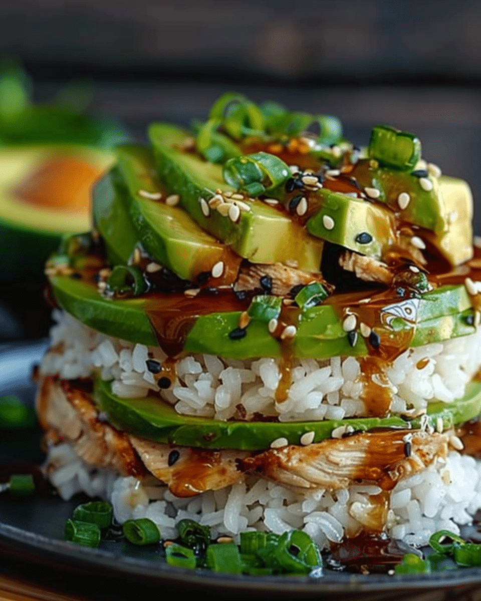 Teriyaki Chicken Avocado Rice Stack