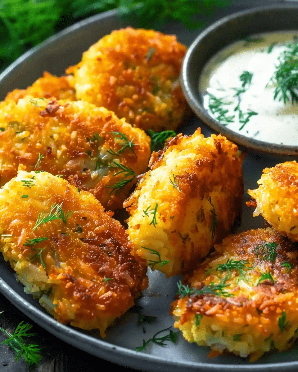 Crispy Golden Rice & Potato Patties with Creamy Garlic‑Dill Sauce