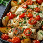 Cheesy Garlic Chicken with Roasted Potatoes & Cherry Tomatoes