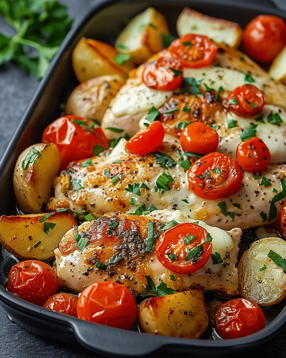Cheesy Garlic Chicken with Roasted Potatoes & Cherry Tomatoes