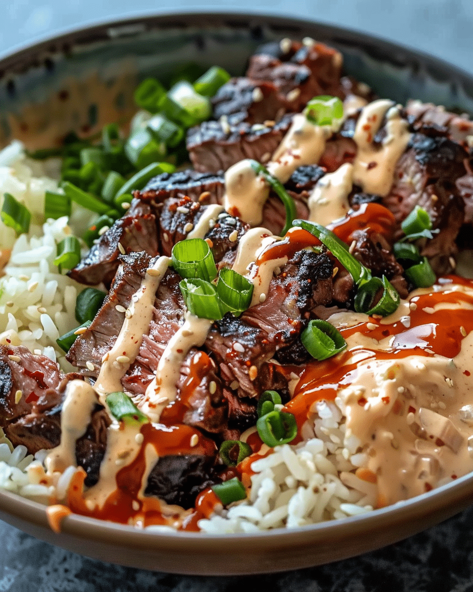 Korean BBQ Steak Rice Bowls with Spicy Cream Sauce