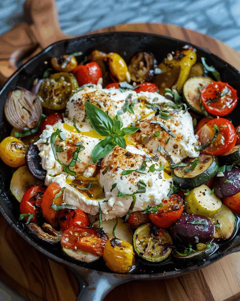 Warm Burrata & Garlic Roasted Veggie Skillet