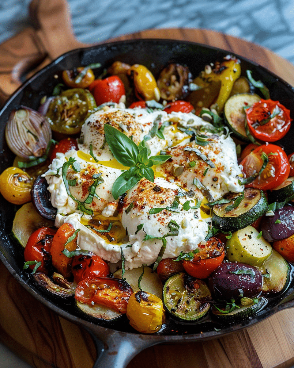 Warm Burrata & Garlic Roasted Veggie Skillet