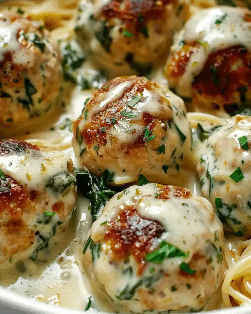 Baked Chicken Ricotta Meatballs with Spinach Alfredo Sauce