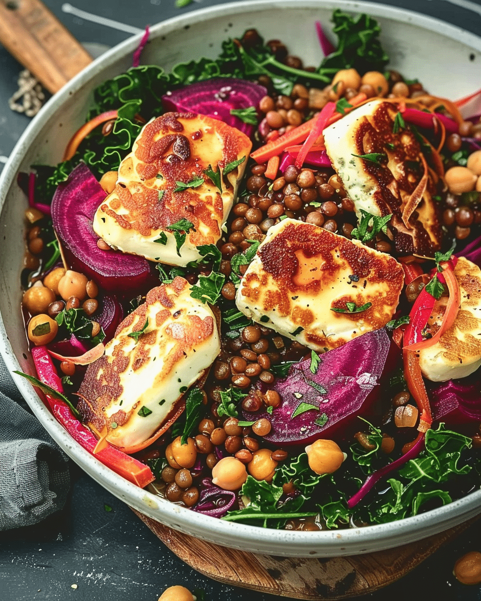 Halloumi with Lemony Lentils, Chickpeas and Beets