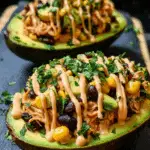 Honey Lime Chicken Stuffed Avocado Boats with Queso Drizzle