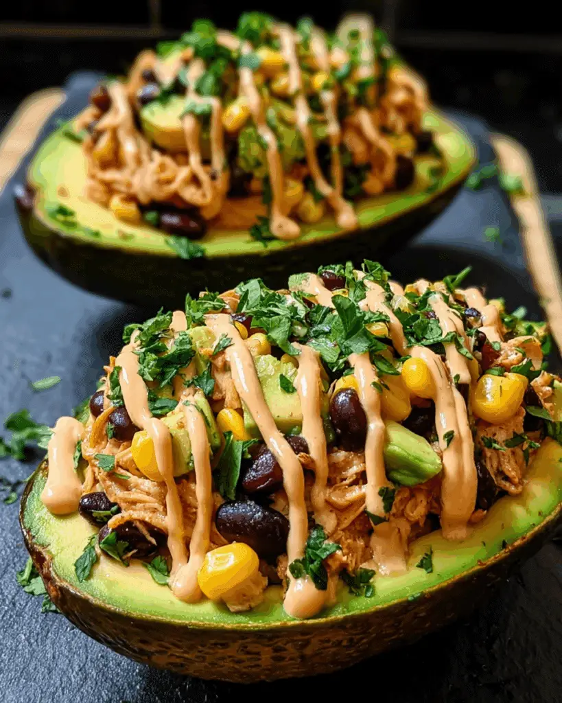 Honey Lime Chicken Stuffed Avocado Boats with Queso Drizzle