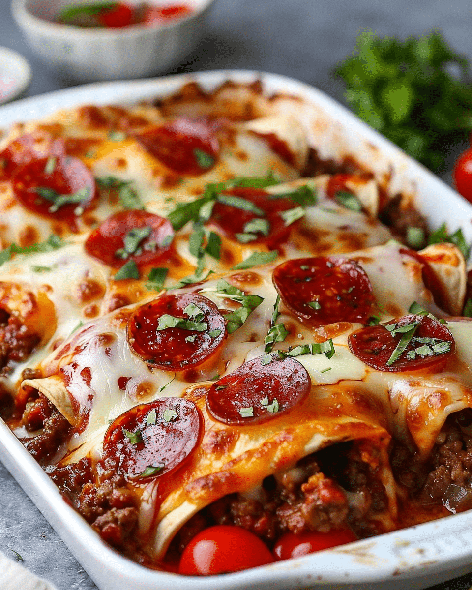 Pizza Enchiladas with Ground Beef & Pepperoni