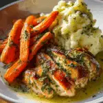 Juicy Herb-Roasted Chicken with Garlic Mashed Potatoes & Glazed Carrots – Classic, Cozy & Delicious!