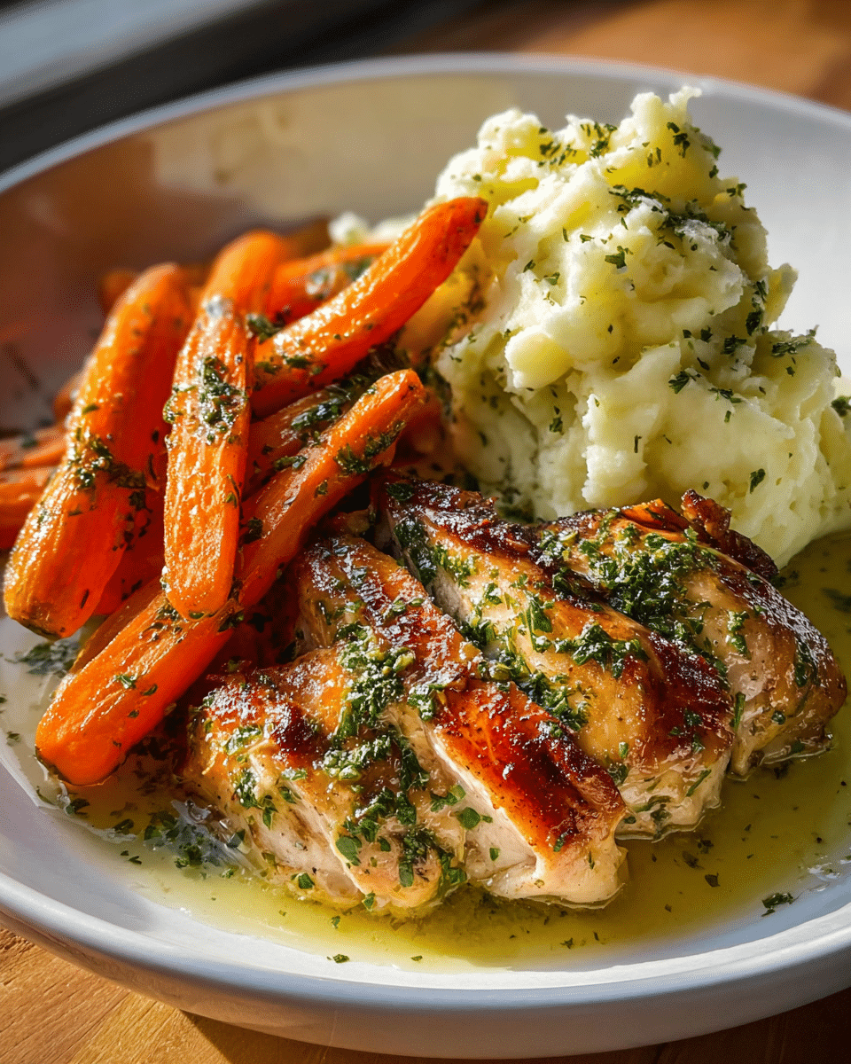 Juicy Herb-Roasted Chicken with Garlic Mashed Potatoes & Glazed Carrots – Classic, Cozy & Delicious!