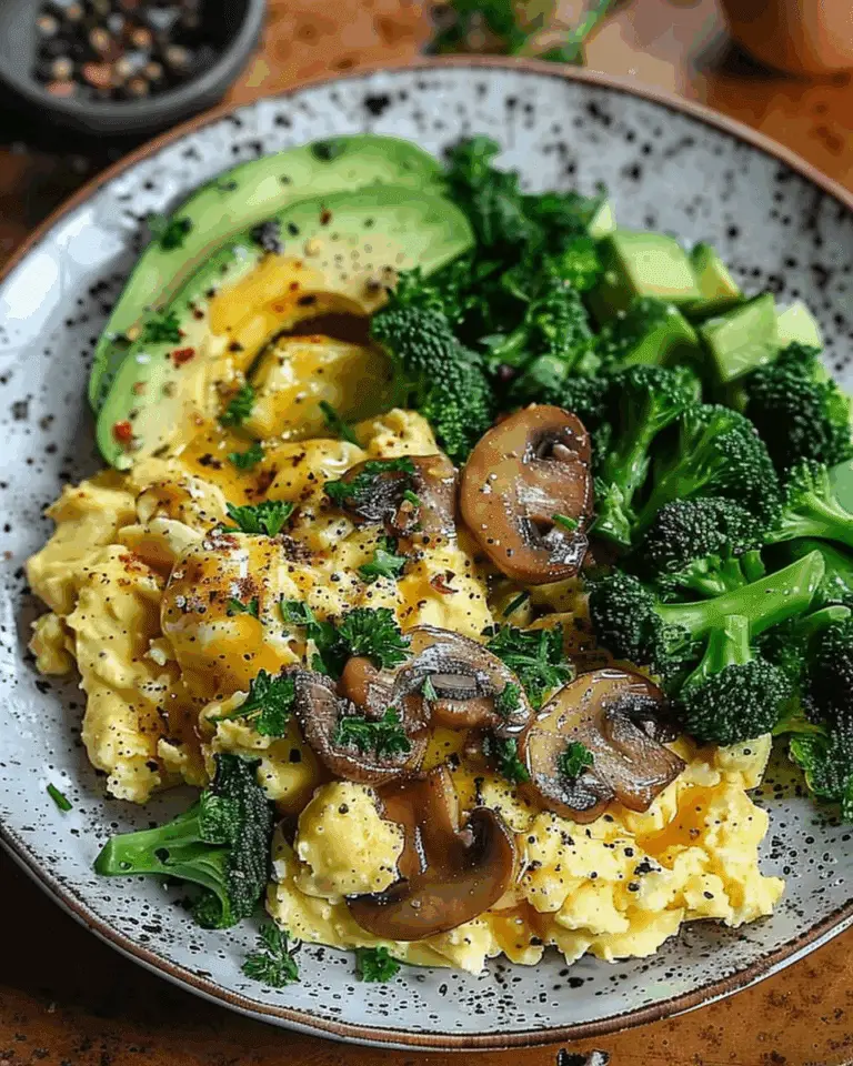 Scrambled Eggs with Sautéed Mushrooms, Broccoli & Avocado