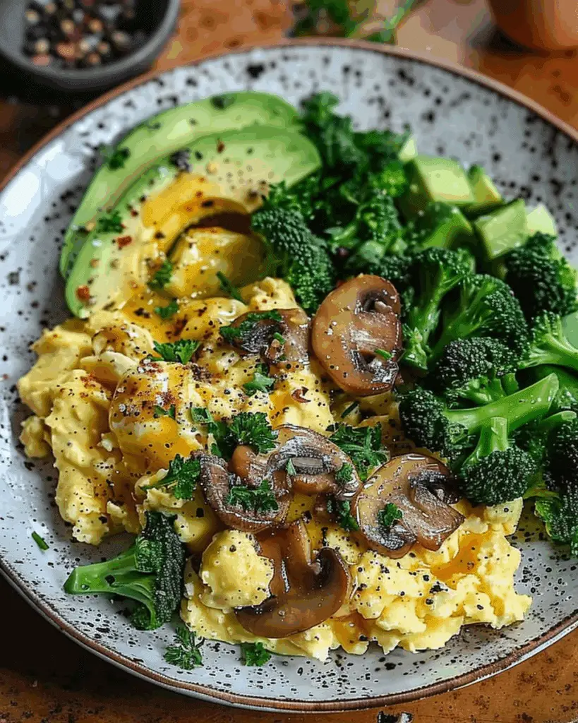 Scrambled Eggs with Sautéed Mushrooms, Broccoli & Avocado