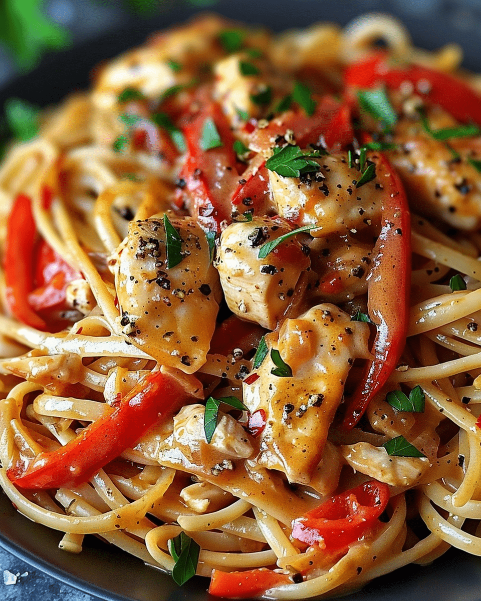 Easy Cowboy Butter Chicken Linguine with Roasted Red Peppers