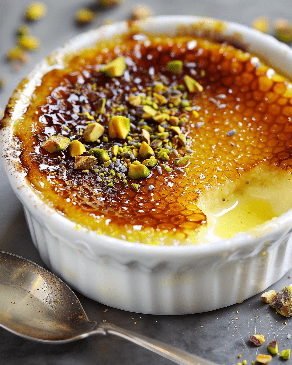 White Chocolate Lavender Brûlée with Pistachio Shatter
