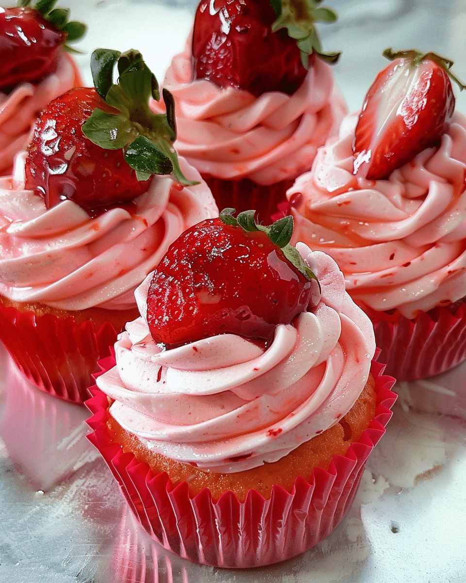 Sweet Strawberry Cupcakes with Whipped Pink Frosting and Fresh Fruit