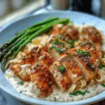 Delicious Greek Chili Chicken Alfredo with Smoked Feta Cream & Crispy Parmesan Asparagus