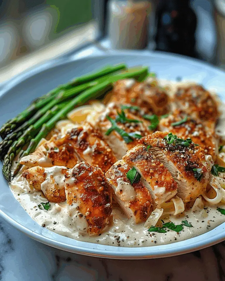 Delicious Greek Chili Chicken Alfredo with Smoked Feta Cream & Crispy Parmesan Asparagus