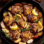 Apple Orchard Chicken! Tender chicken thighs seasoned with herbs, paired with sweet sautéed apples for the perfect blend of sweet and savory! Recipe