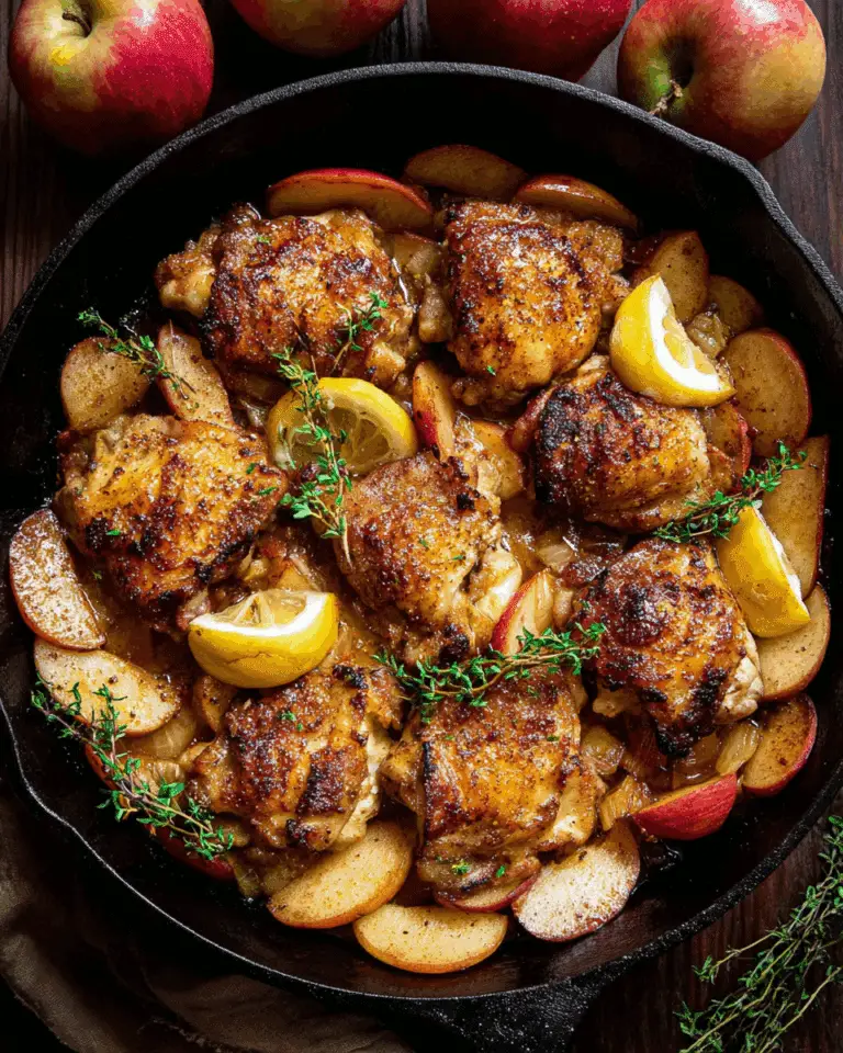 Apple Orchard Chicken! Tender chicken thighs seasoned with herbs, paired with sweet sautéed apples for the perfect blend of sweet and savory! Recipe