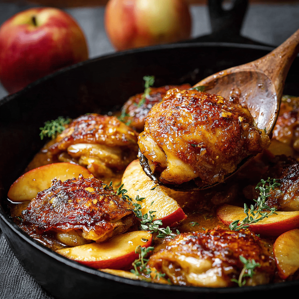 Apple Orchard Chicken! Tender chicken thighs seasoned with herbs, paired with sweet sautéed apples for the perfect blend of sweet and savory! Recipe - Recipe Image