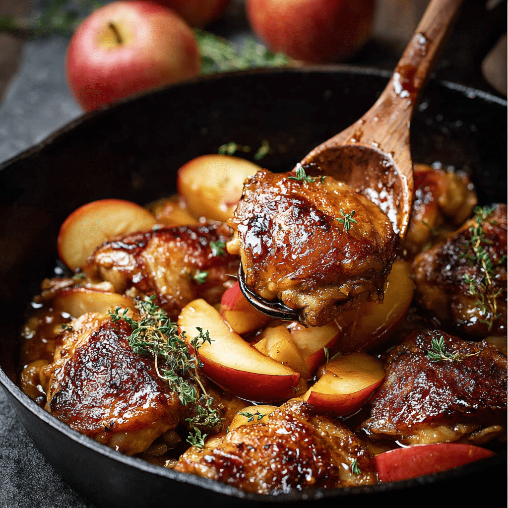 Apple Orchard Chicken! Tender chicken thighs seasoned with herbs, paired with sweet sautéed apples for the perfect blend of sweet and savory! Recipe - Recipe Image