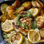 Greek Lemon Chicken Alfredo with Hot Honey Avocado Pesto and Garlic Parmesan Roasted Potatoes