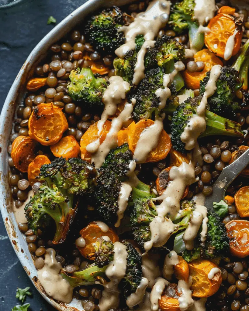 Roasted Lentils Sheet Pan Meal with Maple Tahini Dressing