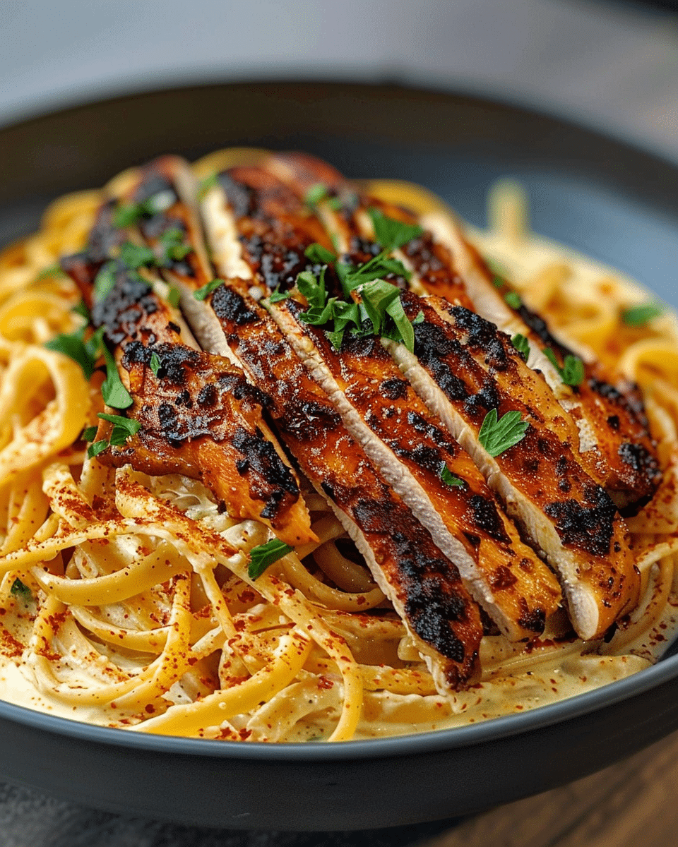 Blackened Chicken over Parmesan Garlic Linguine