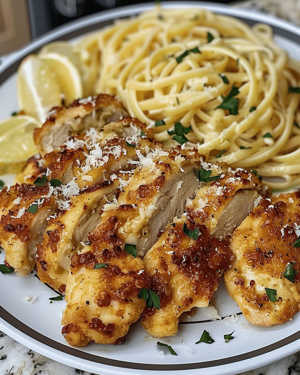Lemon Garlic Butter Chicken Served with Creamy Parmesan Linguine