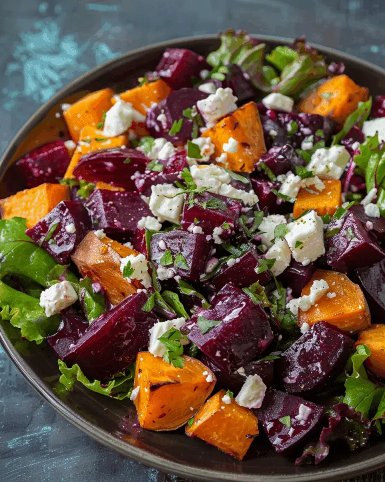 Creamy Roasted Beet Salad with Sweet Potato & Feta
