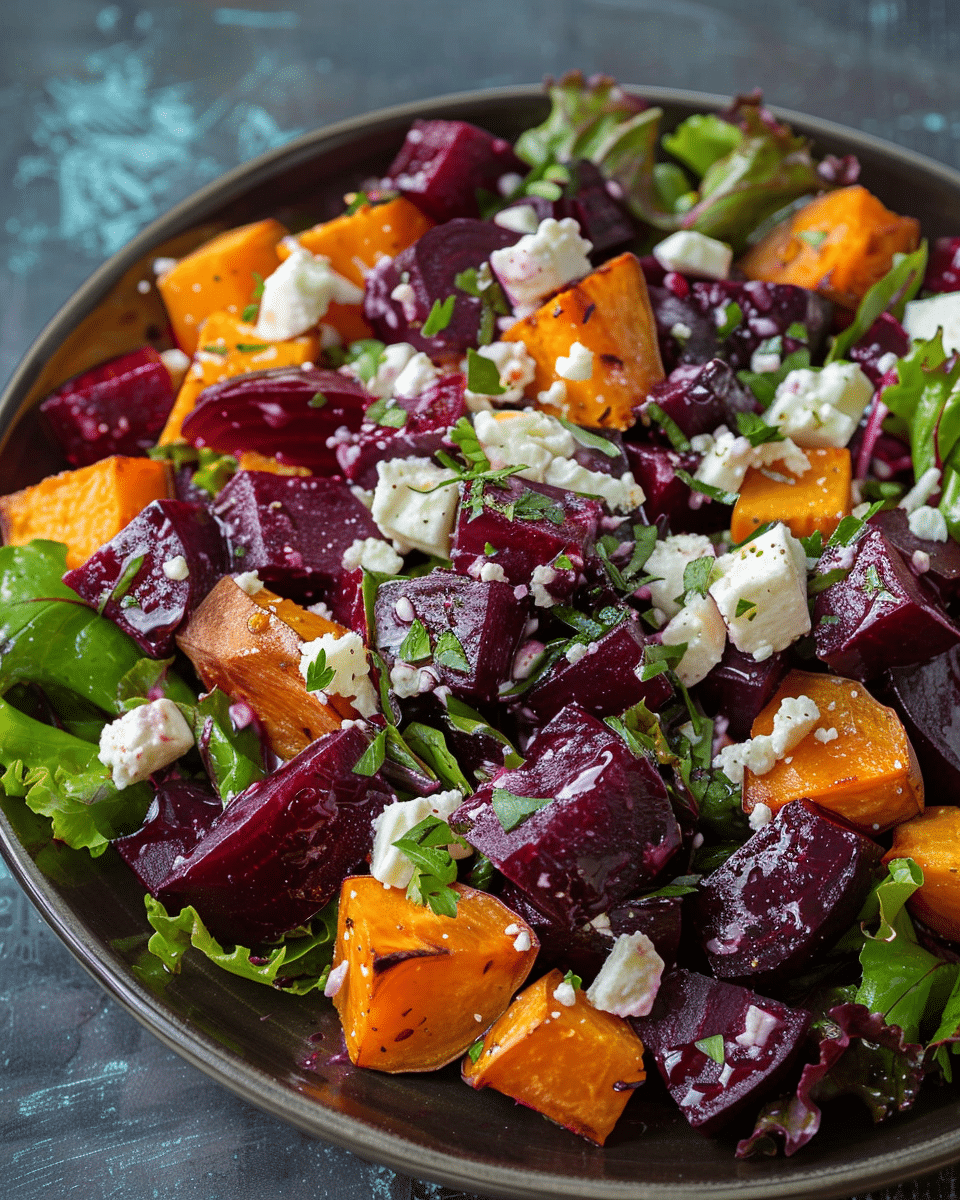 Creamy Roasted Beet Salad with Sweet Potato & Feta