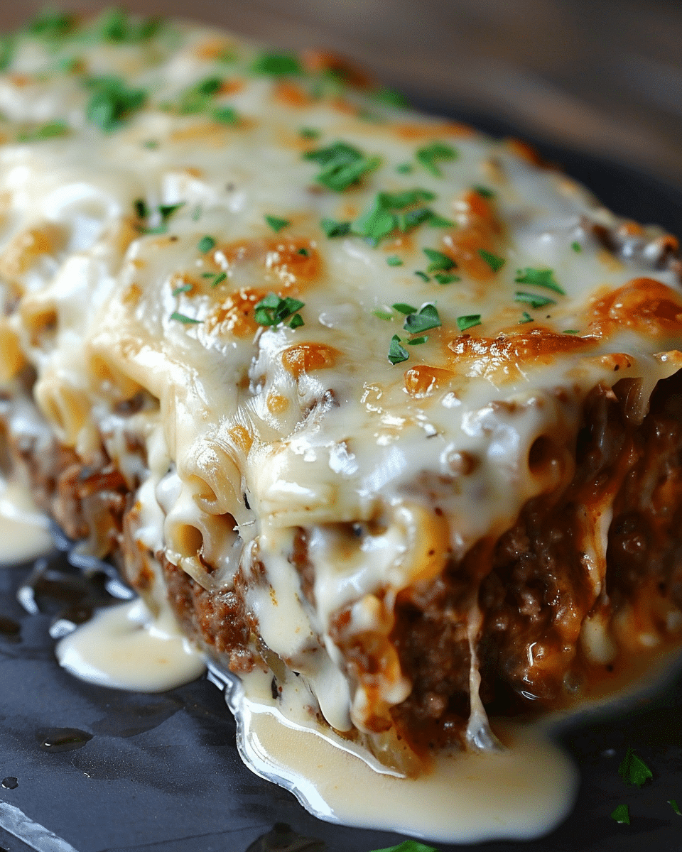 Crockpot French Onion Meatloaf with Melted Swiss Cheese