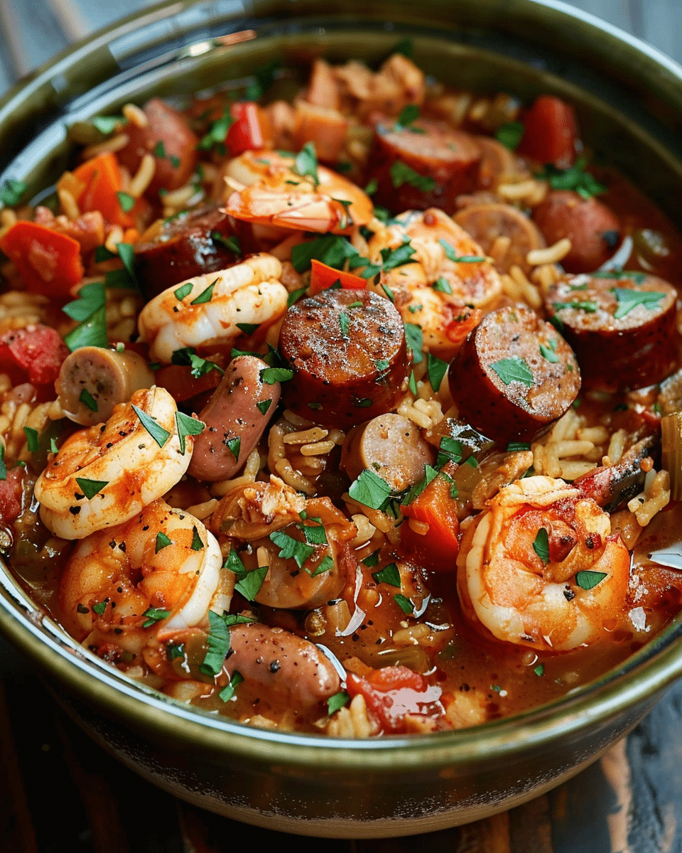 Slow Cooker Cajun Jambalaya with Chicken, Sausage & Shrimp
