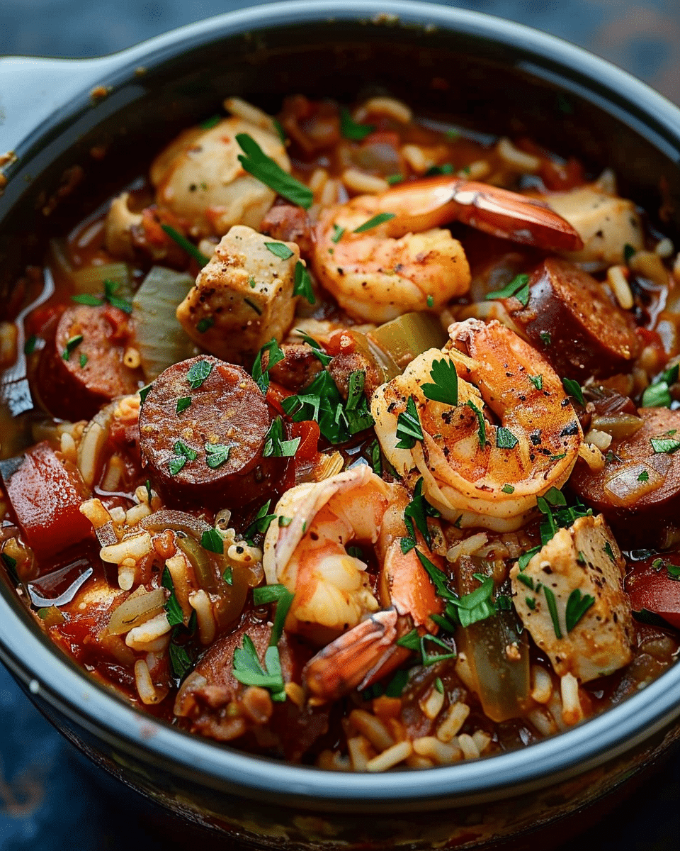 Slow Cooker Cajun Jambalaya with Chicken, Sausage & Shrimp