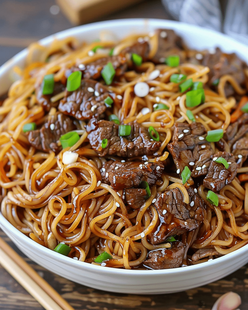 Sweet & Savory Sticky Beef Noodles with Garlic Soy Glaze