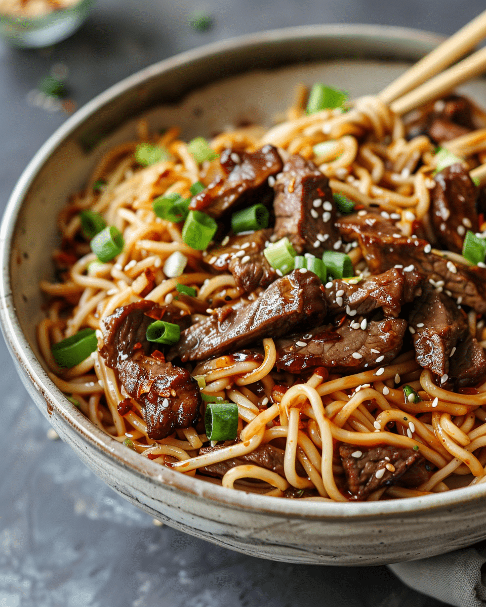 Sweet & Savory Sticky Beef Noodles with Garlic Soy Glaze