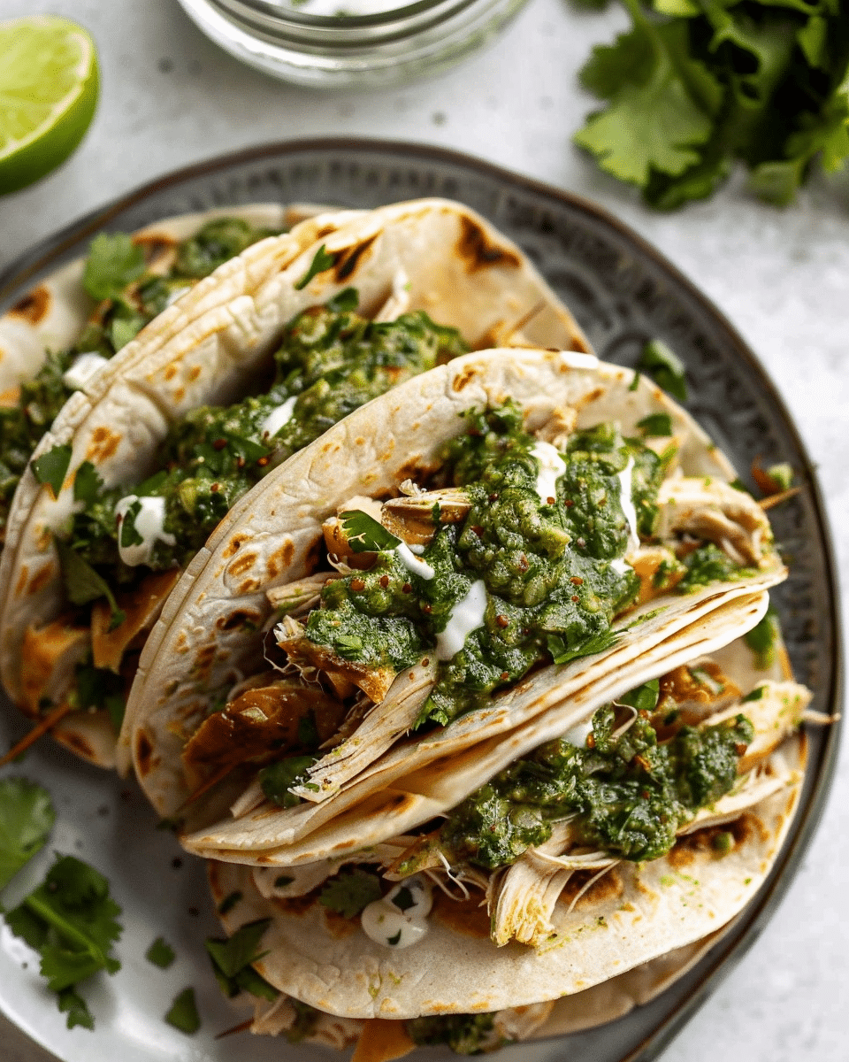 Shredded Chicken Tacos with Creamy Chimichurri Sauce