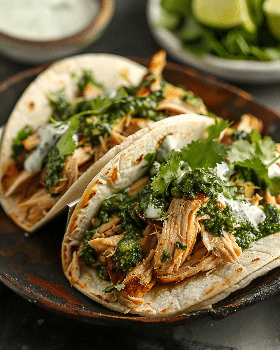 Shredded Chicken Tacos with Creamy Chimichurri Sauce