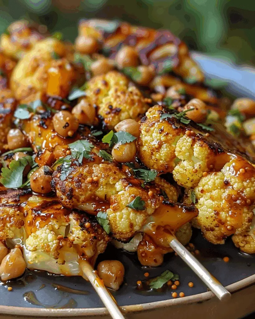Honey Curry Roasted Cauliflower with Grilled Halloumi and Crunchy Chickpeas