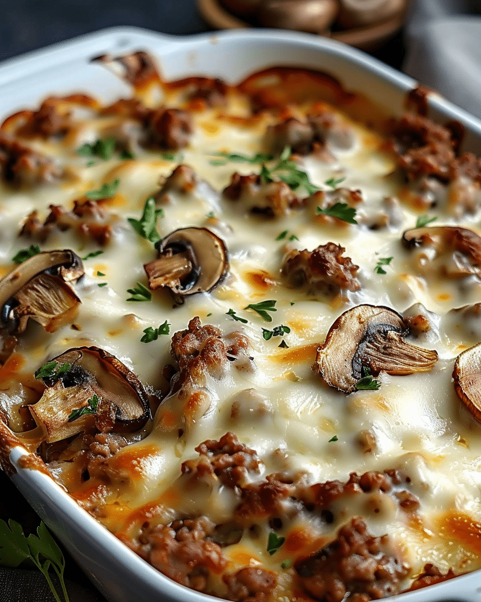 Savory Creamy Mushroom and Ground Beef Bake with Cheese