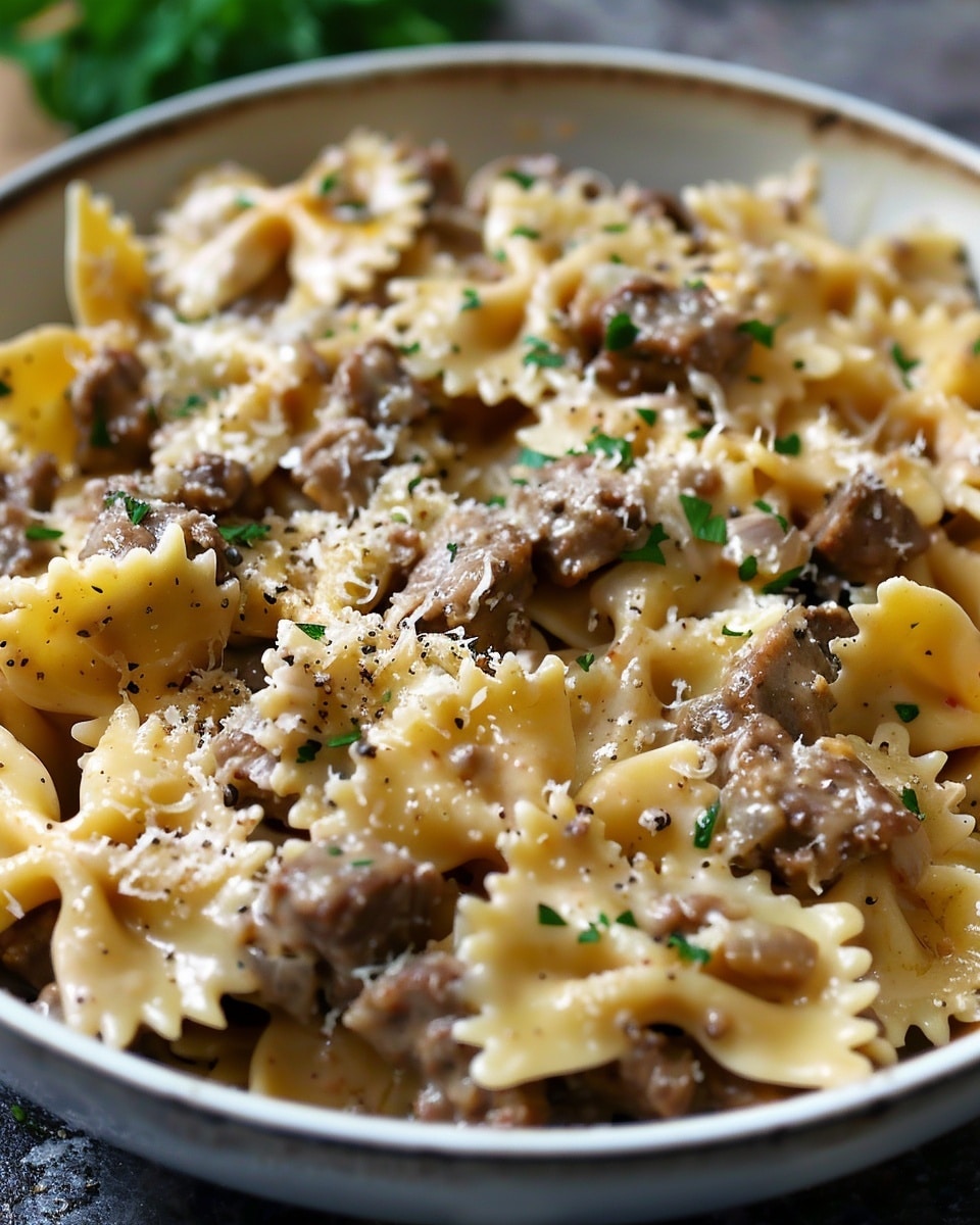 Creamy Parmesan Garlic Beef Bowtie Pasta