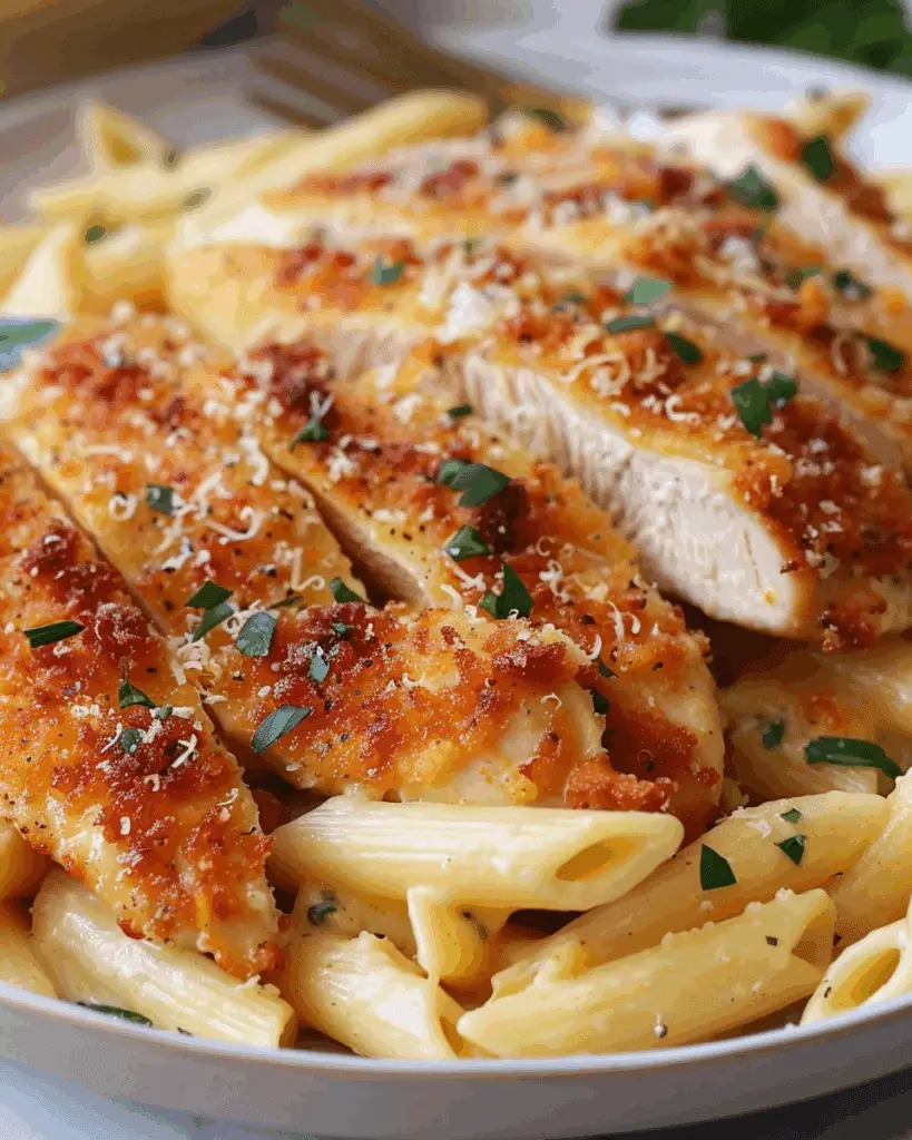 Cheddar Parmesan Garlic Butter Chicken with Creamy Penne Pasta