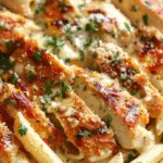 Cheddar Parmesan Garlic Butter Chicken with Creamy Penne Pasta