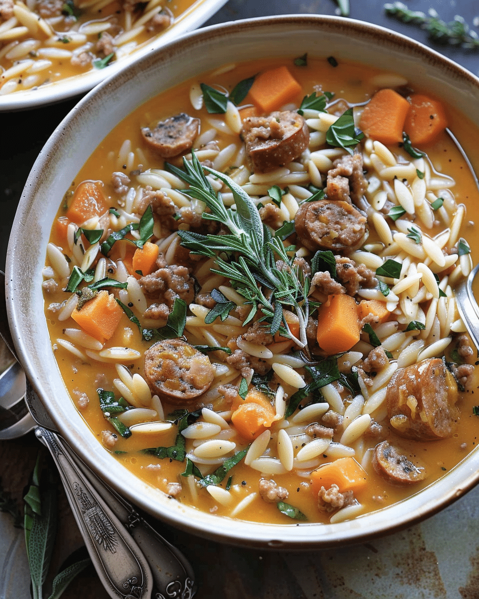 Butternut Squash Soup with Sausage and Orzo