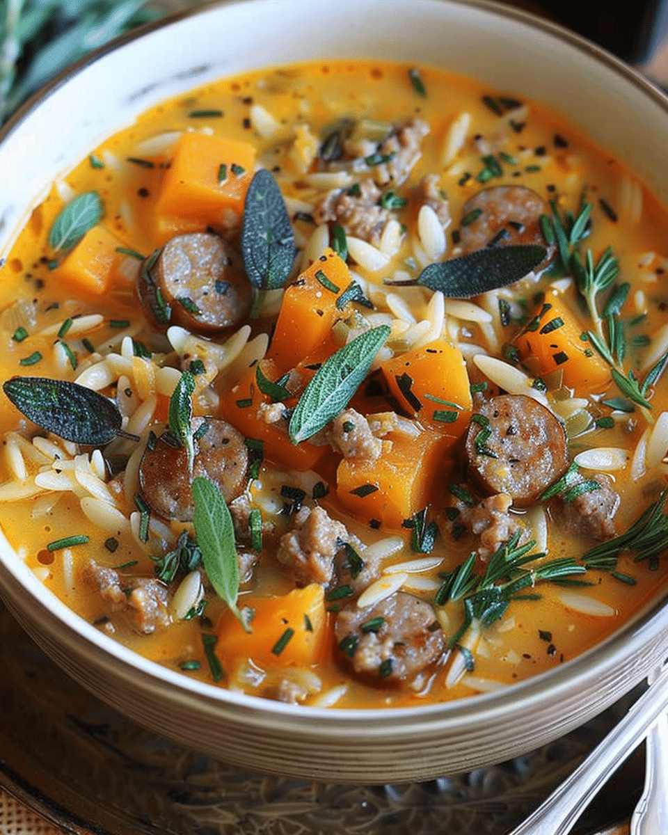 Butternut Squash Soup with Sausage and Orzo
